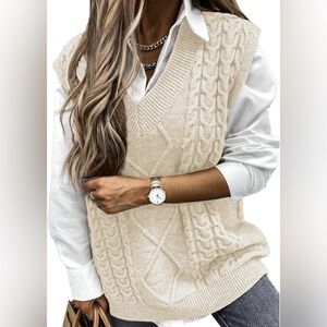 NALANISA Cream Cable Knit V Neck Sleeveless Oversized Sweater Vest. Women’s 2xl